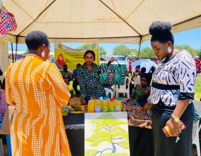 Honorable Shinyanga Region Commissioner visit Huheso tent and looking AGYW product during